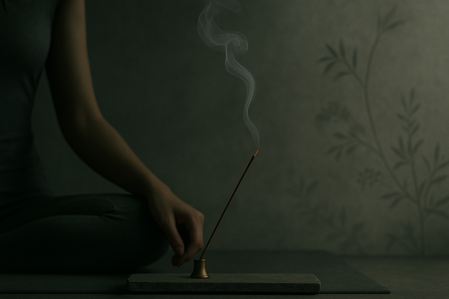 Incense stick gently burning during a meditation session, with curling smoke and calm atmosphere — ideal for yoga and mindfulness rituals | Herimyst