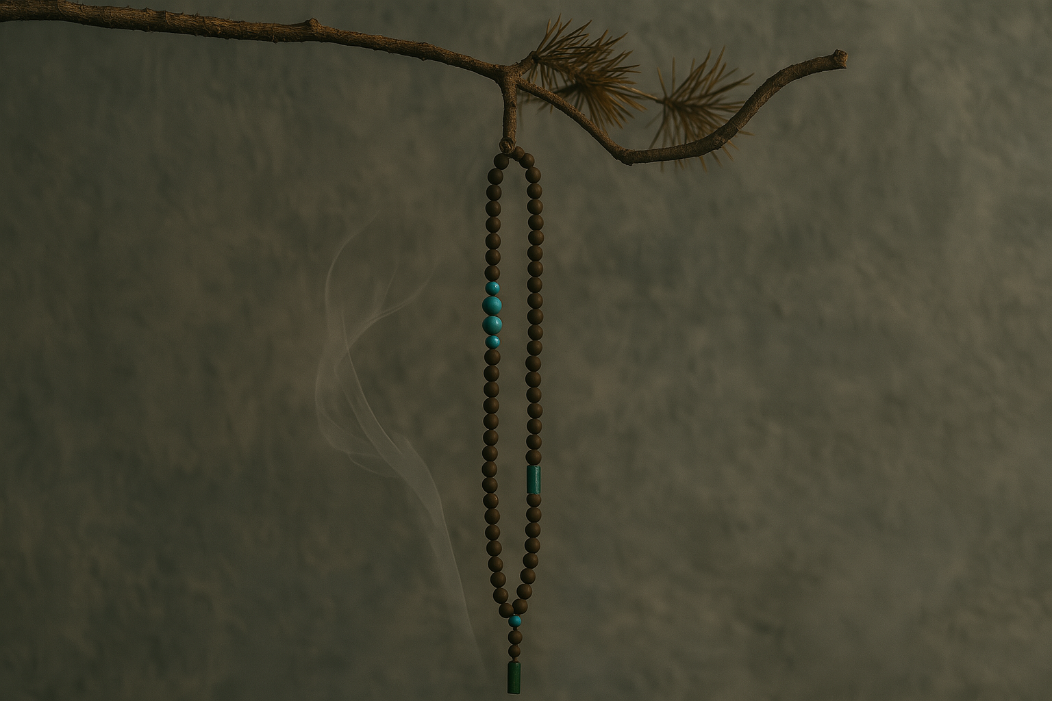 Incense beads hanging from pine branch with drifting smoke — traditional Chinese incense jewelry for meditation, yoga, and home rituals | Herimyst