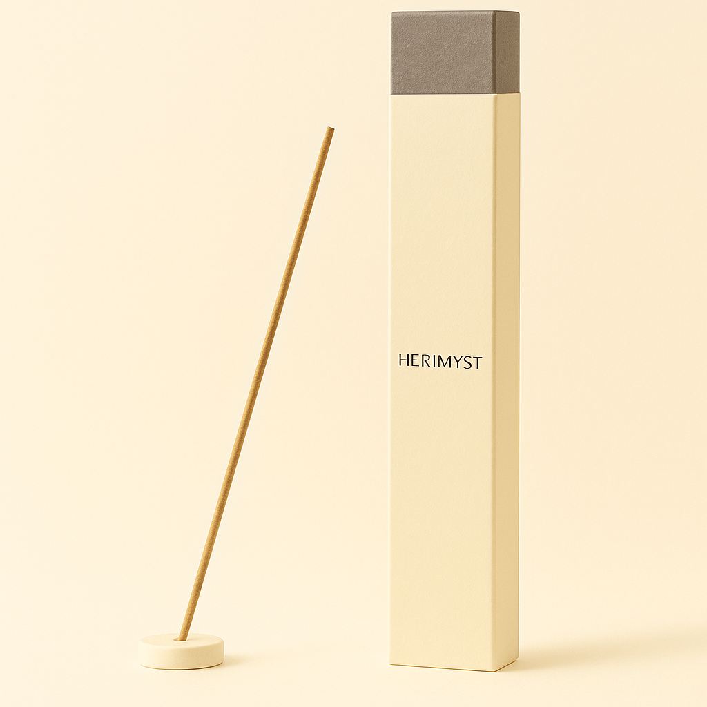 HERIMYST Lán Huì Orchid Grace incense sticks on a calm minimalist table, soft rising smoke in warm morning light.