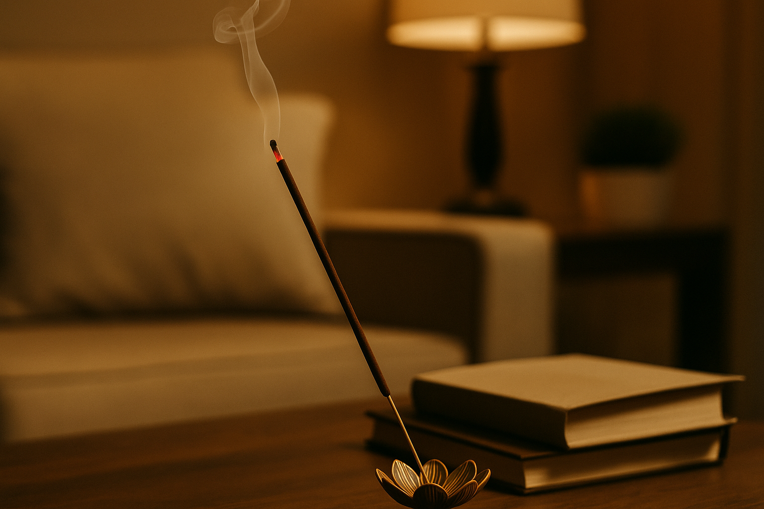 Burning incense stick in a cozy home setting, evoking calm and ritual before sleep — Herimyst Chinese incense for daily relaxation