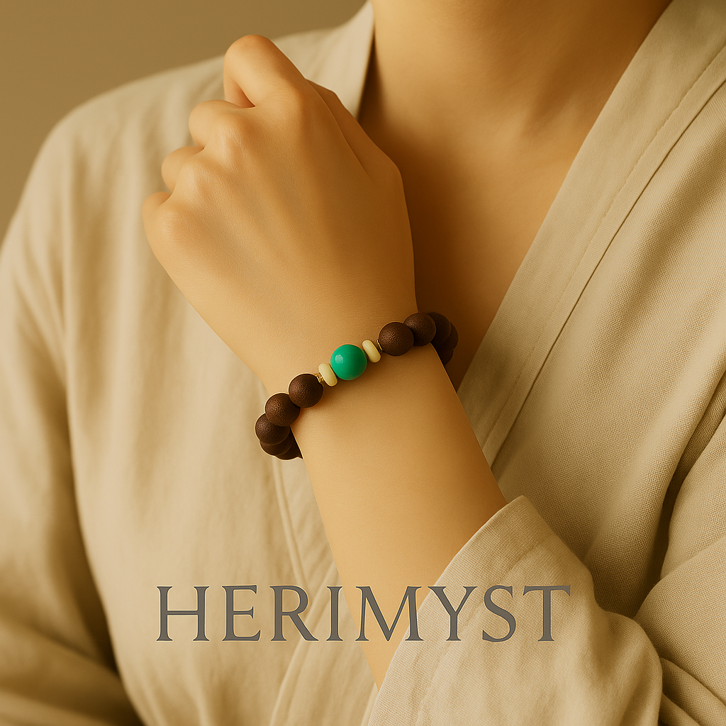 A woman’s wrist wearing the HERIMYST “Qing Yi” White Tea Blend incense bead bracelet, featuring turquoise and amber beads, radiating serenity in soft natural light.