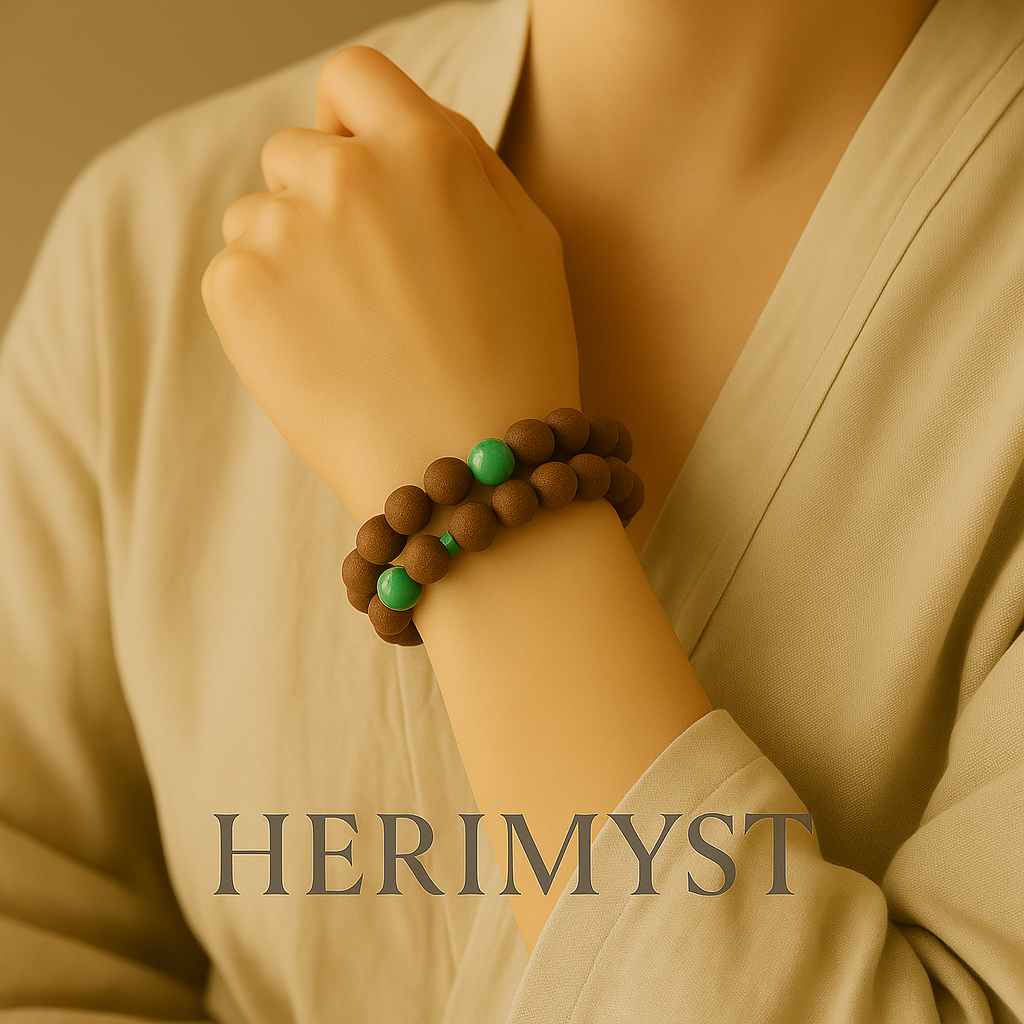 HERIMYST Qīng Chè (Pure Clarity) double-loop incense bead bracelet elegantly worn on the wrist, featuring natural brown aromatic beads accented with green and turquoise stones, captured in soft warm lighting with a serene minimalist background.