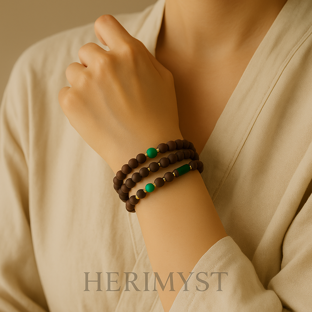 A close-up of a woman’s wrist wearing the Herimyst Pillow of Stars agarwood incense bead bracelet, wrapped in three layers. Deep brown incense beads are accented with turquoise and green agate, symbolizing serenity and harmony.