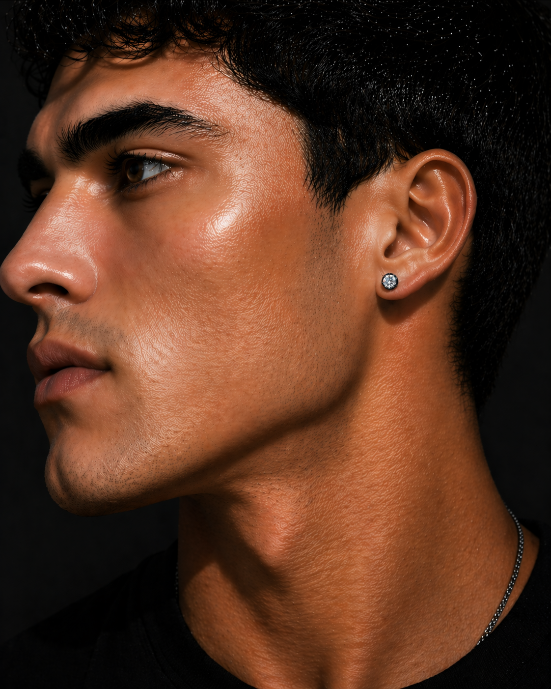 0.5 Carat Black Bezel Set Diamond Stud Earring on Ear Close Up with Natural Sparkle