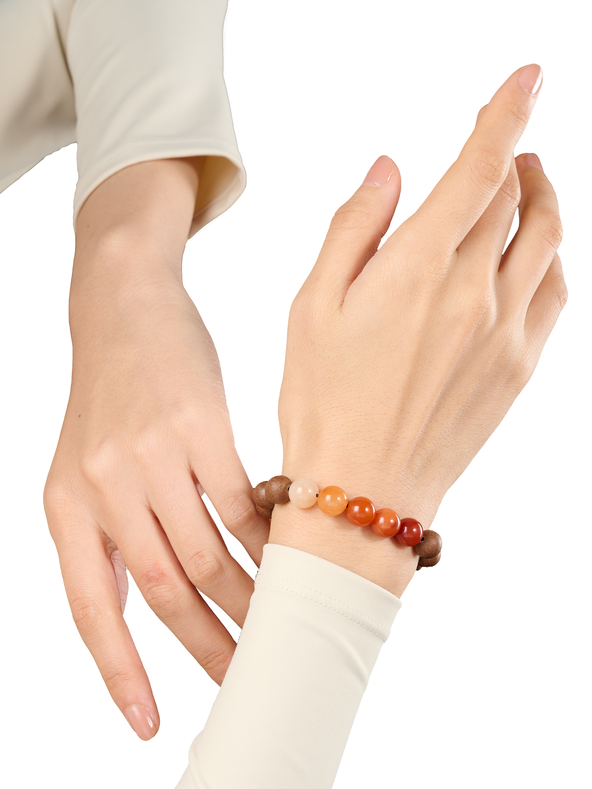 HERIMYST incense bead bracelet worn on wrist, featuring natural wood beads with warm orange stone accents