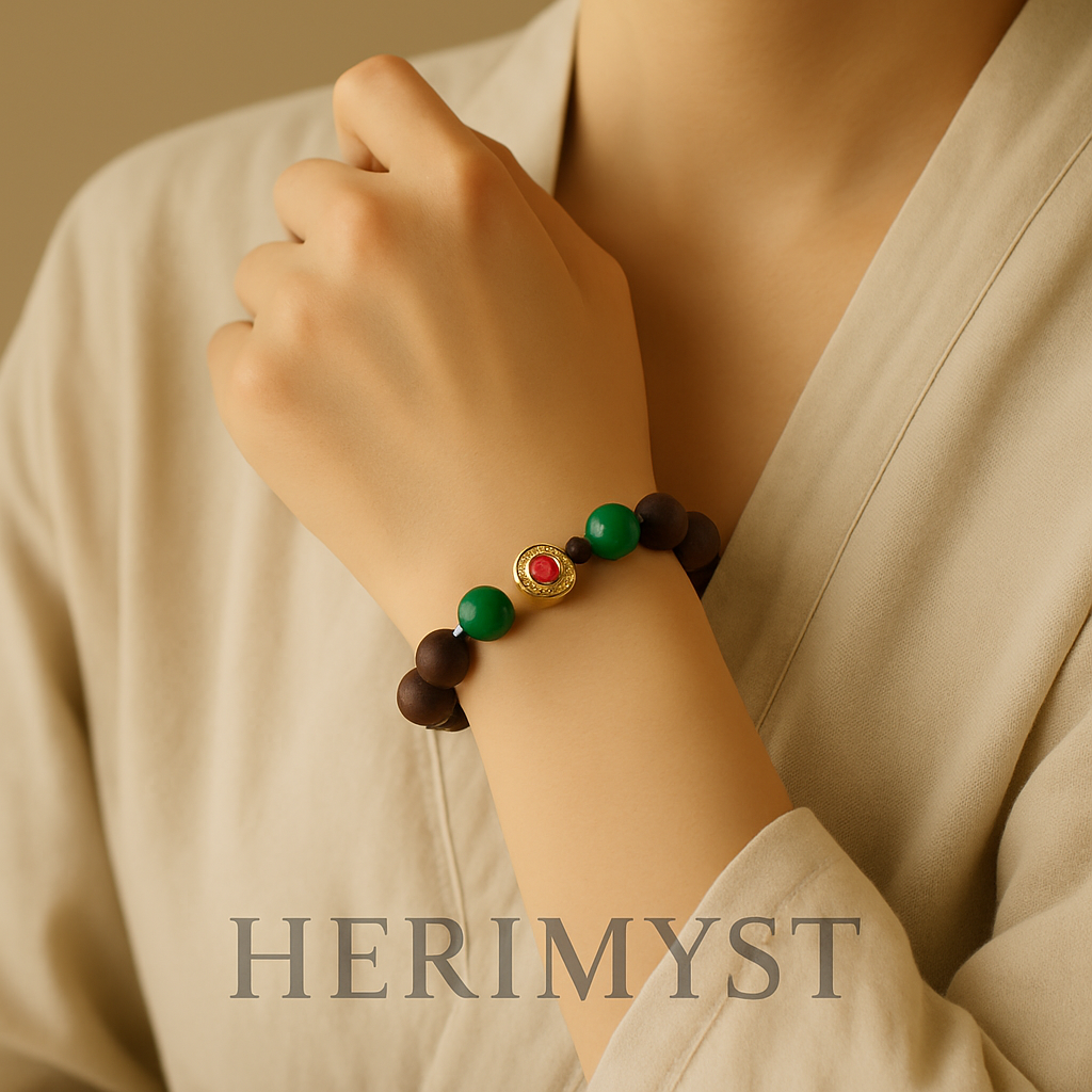 A close-up of a woman wearing the Herimyst Dream Repose ambergris incense bead bracelet, featuring dark brown incense beads with green agate and a gold filigree bead. Soft natural light and linen fabric create a tranquil, meditative atmosphere.