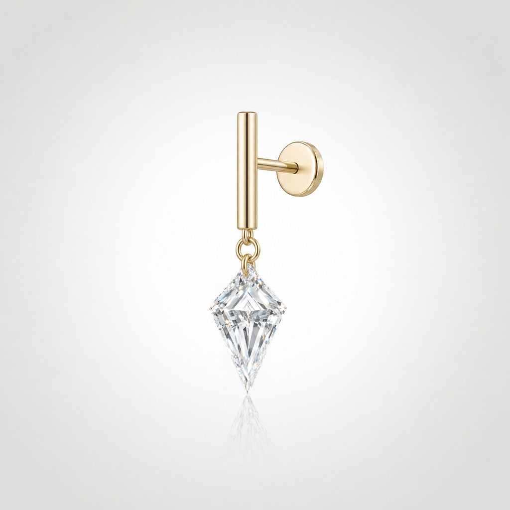 Side view of a single kite-cut floating diamond drop stud with a 14K yellow gold bar and flat disc back