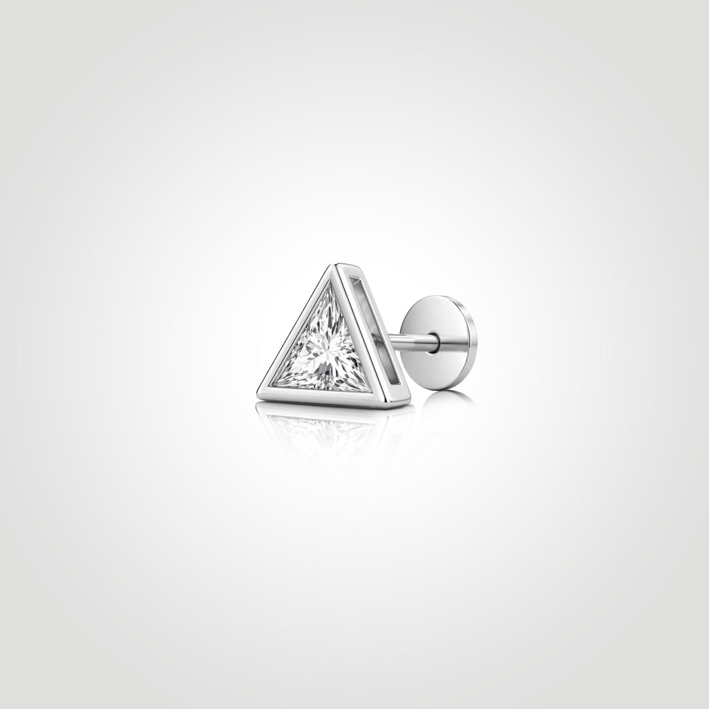 triangle diamond stud earring for men white gold trillion cut lab grown diamond bezel setting geometric minimalist design