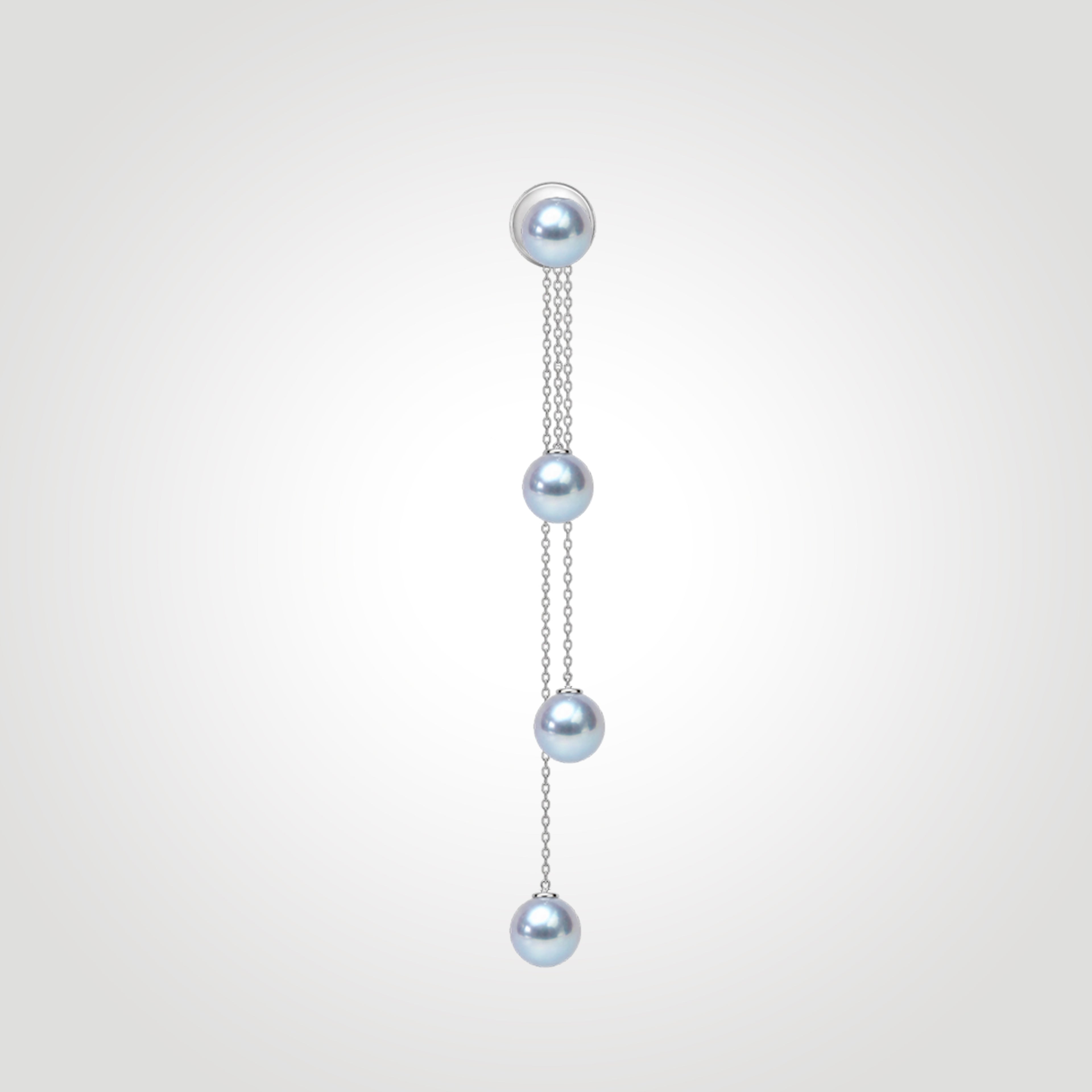 Silver-blue Akoya pearl 4-in-1 convertible drop earring with three layered 14K gold chains