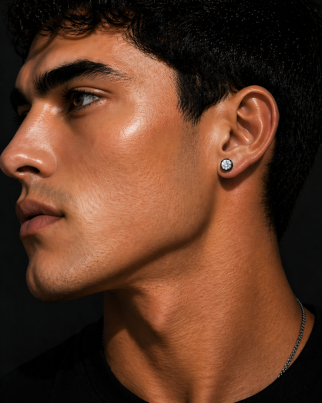 1 Carat Black Bezel Set Diamond Stud Earring on Ear Close Up Showing Brilliant Cut Sparkle