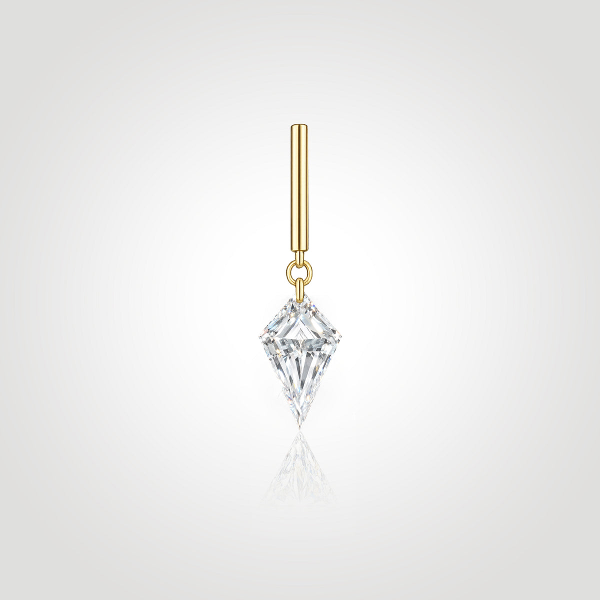 Front view of a single kite-cut floating lab-grown diamond drop stud in 14K yellow gold