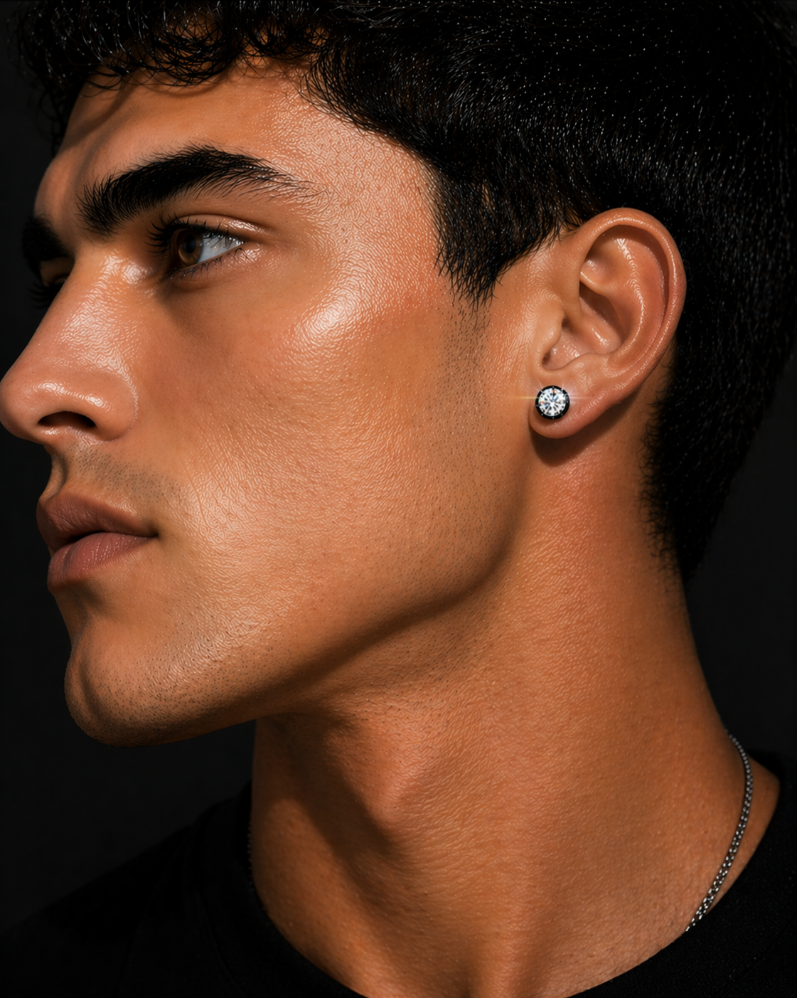 2 Carat Black Bezel Set Diamond Stud Earring on Ear Close Up High Sparkle Diamond Stud