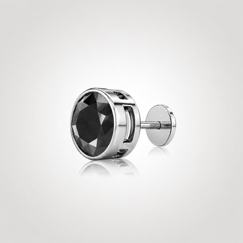 Side view of a black diamond stud with post and earring back