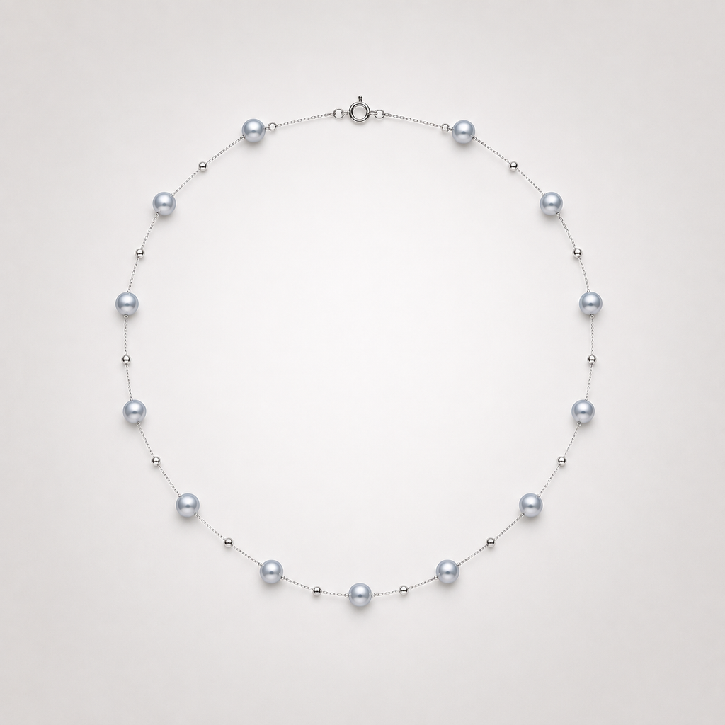 Silver-blue Akoya cultured pearl station necklace with 4–5 mm pearls and S925 sterling silver chain