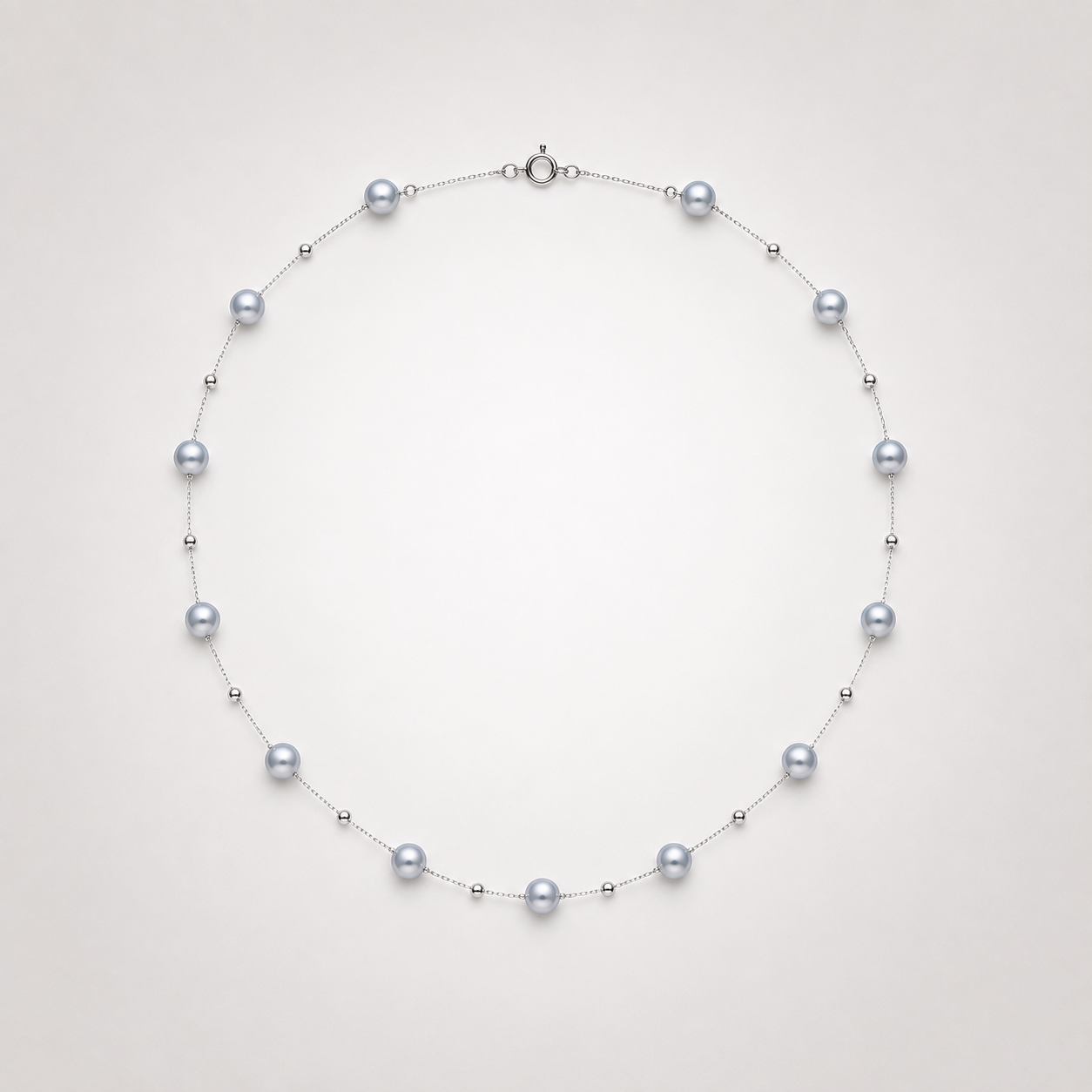 Silver-blue Akoya cultured pearl station necklace with 4–5 mm pearls and S925 sterling silver chain