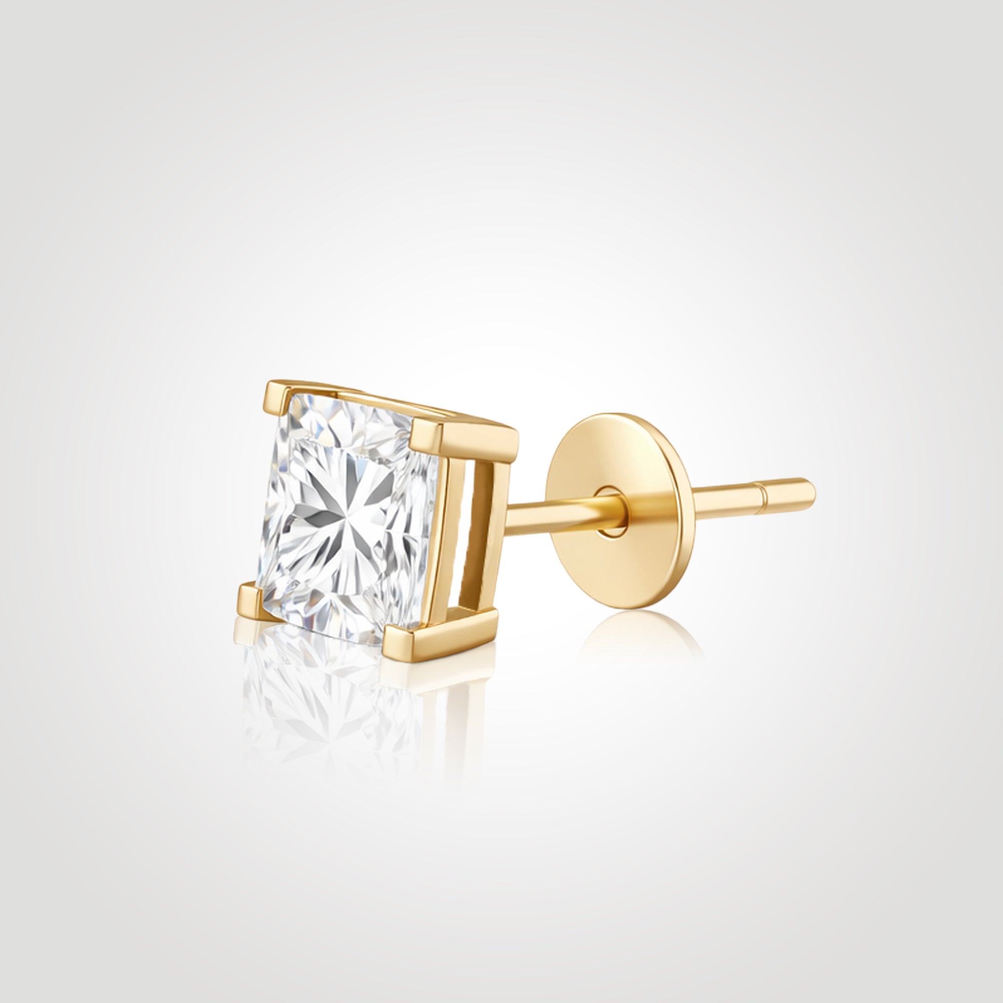 mens princess cut diamond stud earring yellow gold four prong setting side view structured modern design