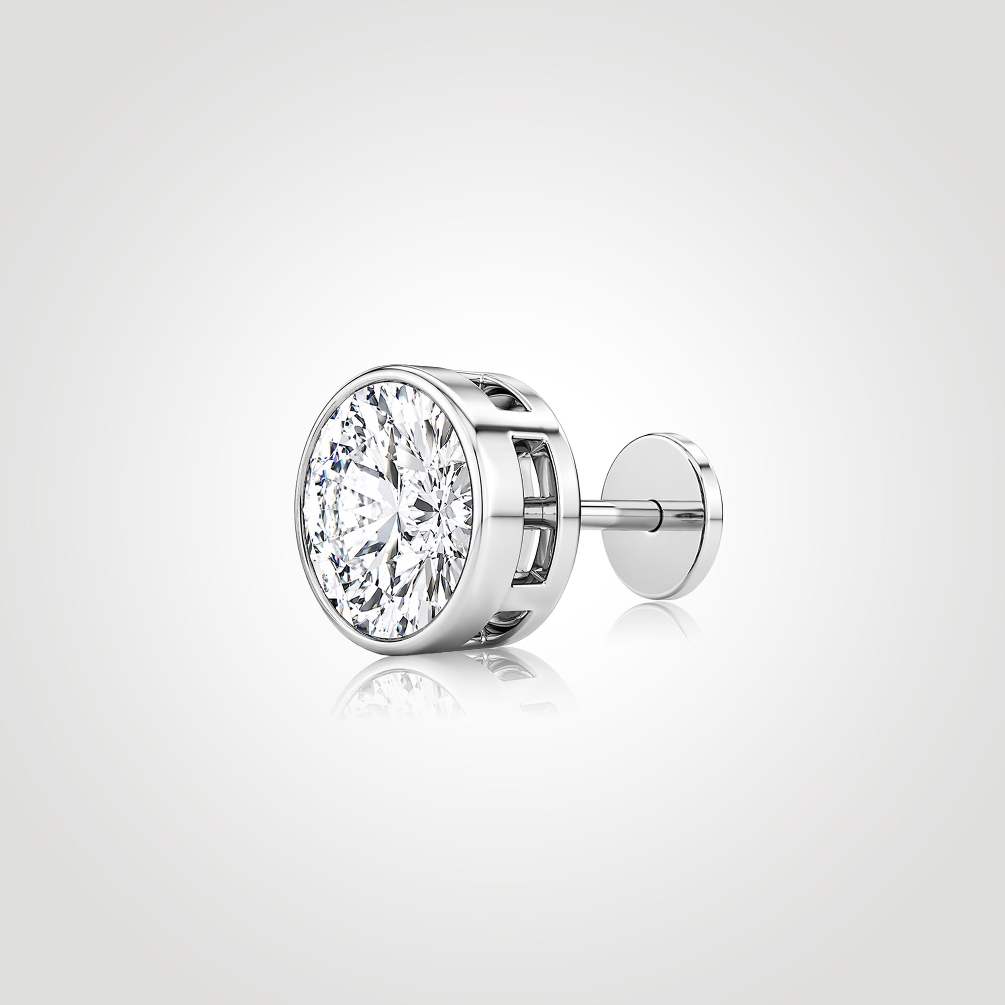 mens bezel diamond stud earring white gold 1ct lab diamond medium bezel setting secure disc back clean modern