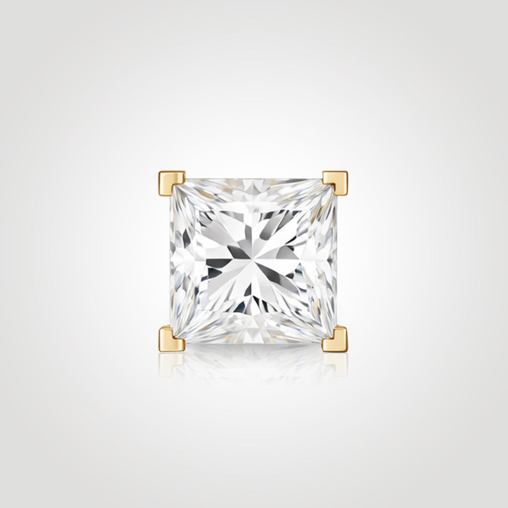 mens princess cut diamond stud earring square lab diamond yellow gold clean sharp modern look