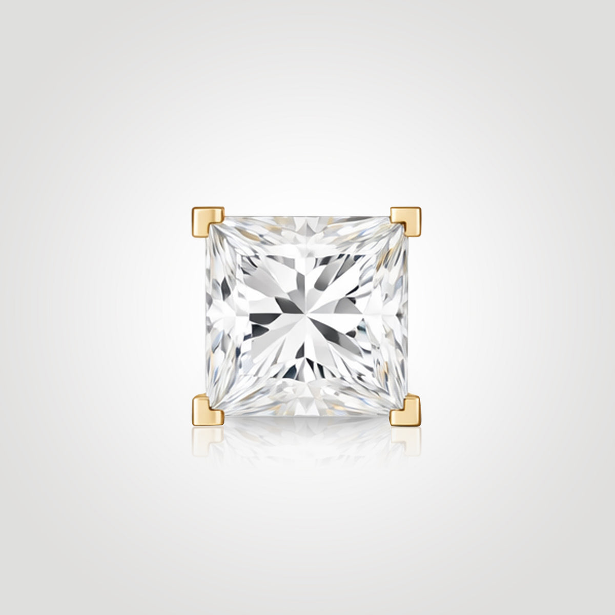 mens princess cut diamond stud earring square lab diamond yellow gold clean sharp modern look