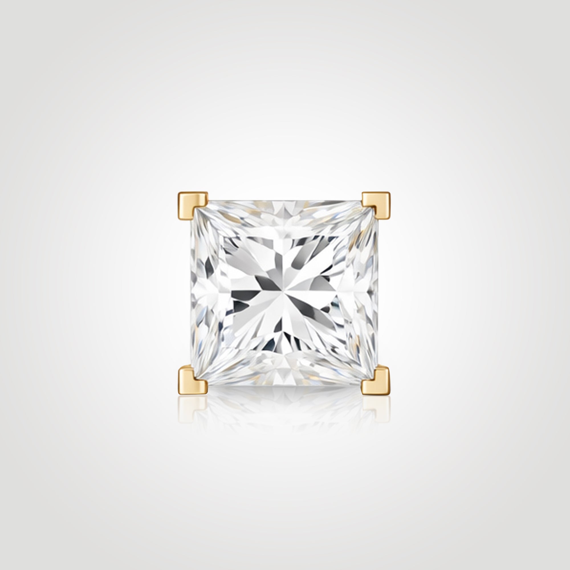 mens princess cut diamond stud earring square lab diamond yellow gold clean sharp modern look