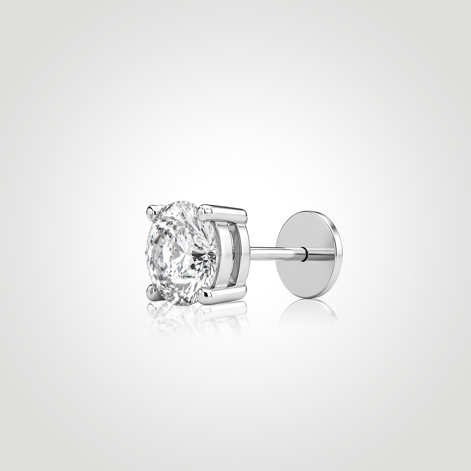 round diamond stud earring for men side view white gold 1ct lab grown diamond four prong setting disc back minimalist luxury