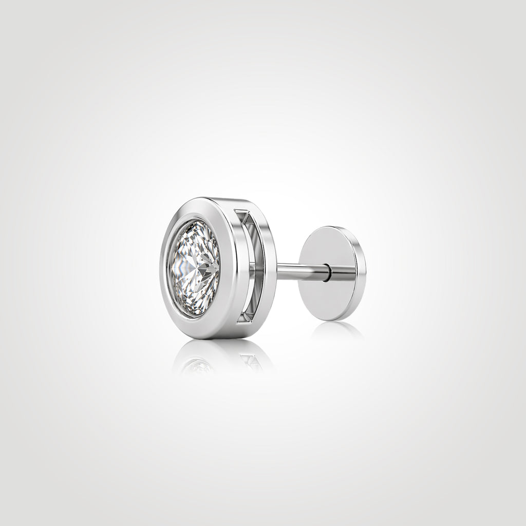 wide bezel diamond stud earring for men side view white gold 1ct round lab grown diamond bold thick bezel setting disc back