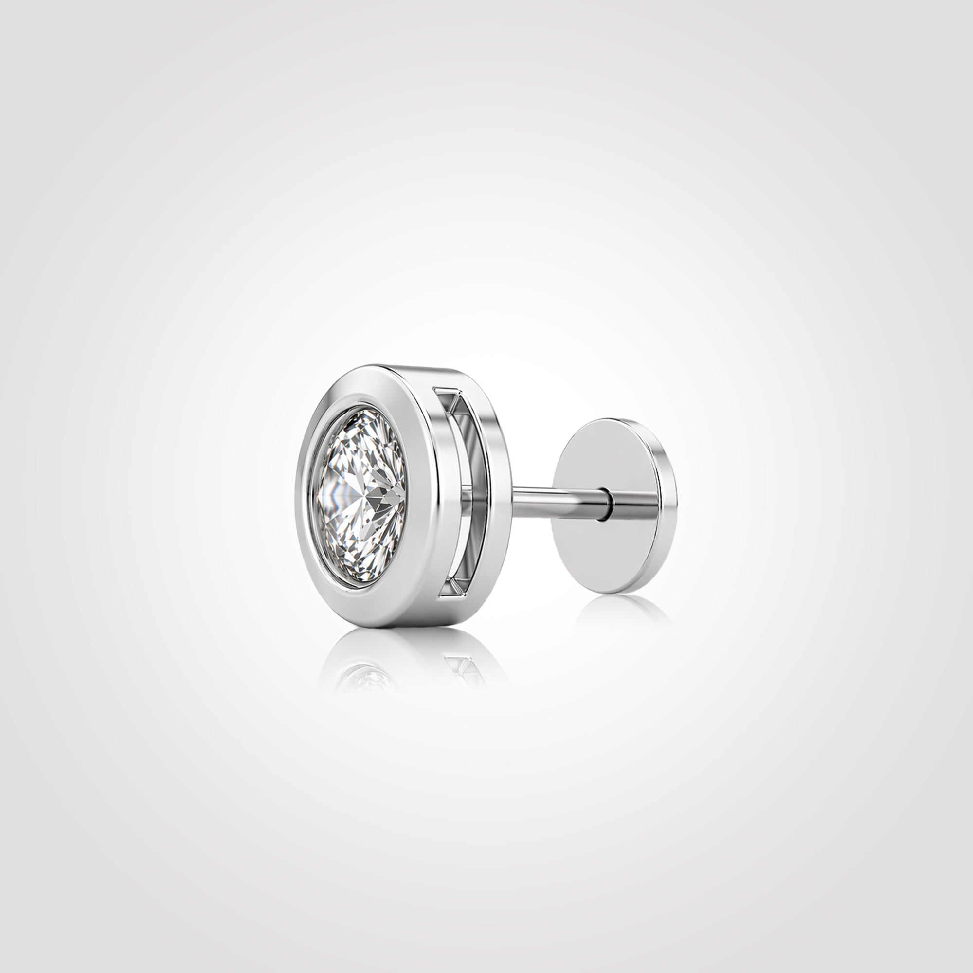 wide bezel diamond stud earring for men side view white gold 1ct round lab grown diamond bold thick bezel setting disc back