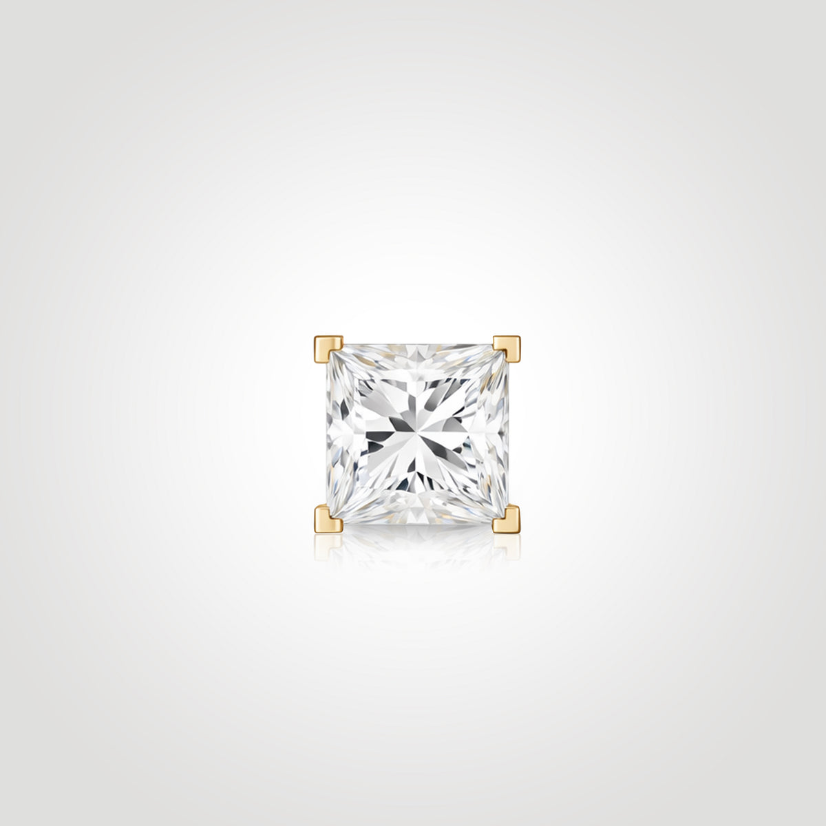 yellow gold princess cut diamond stud earring for men front view 1ct square lab grown diamond clean minimal design high clarity sparkle