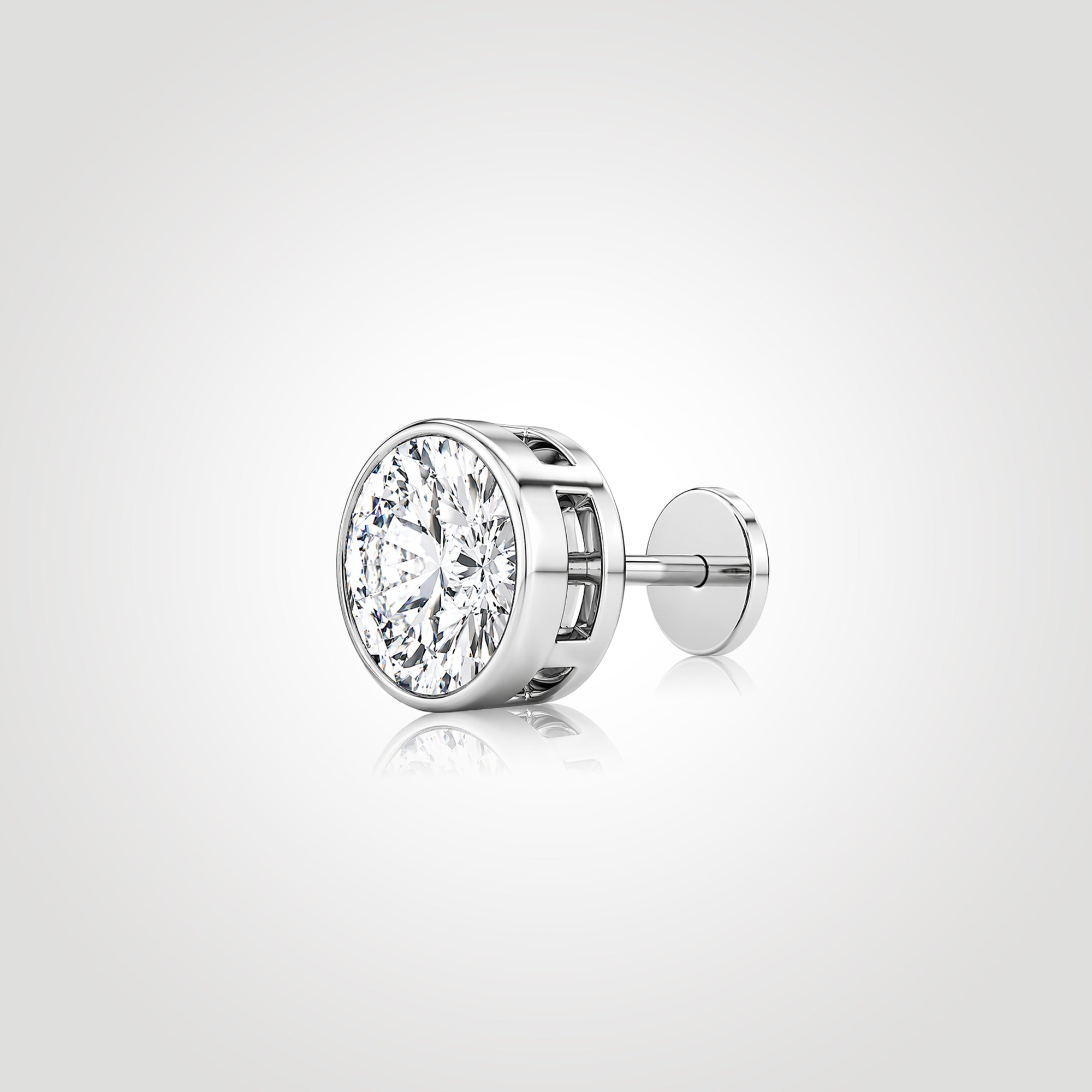 thin bezel diamond stud earring for men side view white gold 1ct round lab grown diamond low profile minimalist setting disc back