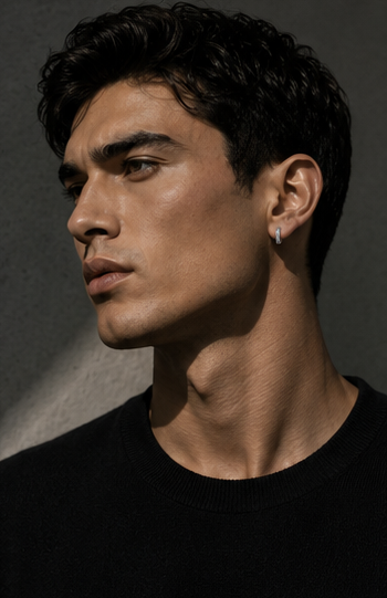 Close-up portrait of a male model wearing a 12mm invisible set baguette diamond hoop earring in 14K white gold by HERIMYST