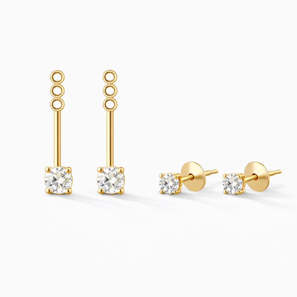 Dual diamond drop stud earrings with adjustable three-hole design in 14K yellow gold, featuring lab-grown diamonds on white background