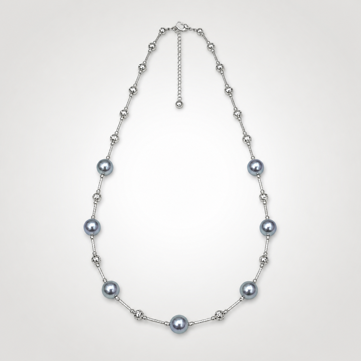 7.5–8 mm silver-blue gray Akoya cultured pearl necklace with polished silver-tone accent beads and extender chain