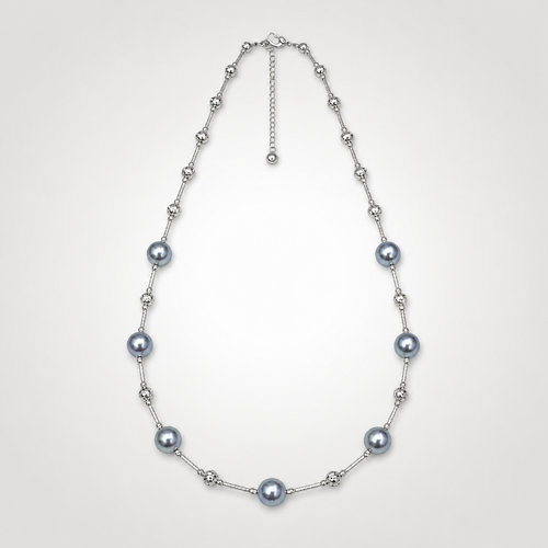 7.5–8 mm silver-blue gray Akoya cultured pearl necklace with polished silver-tone accent beads and extender chain