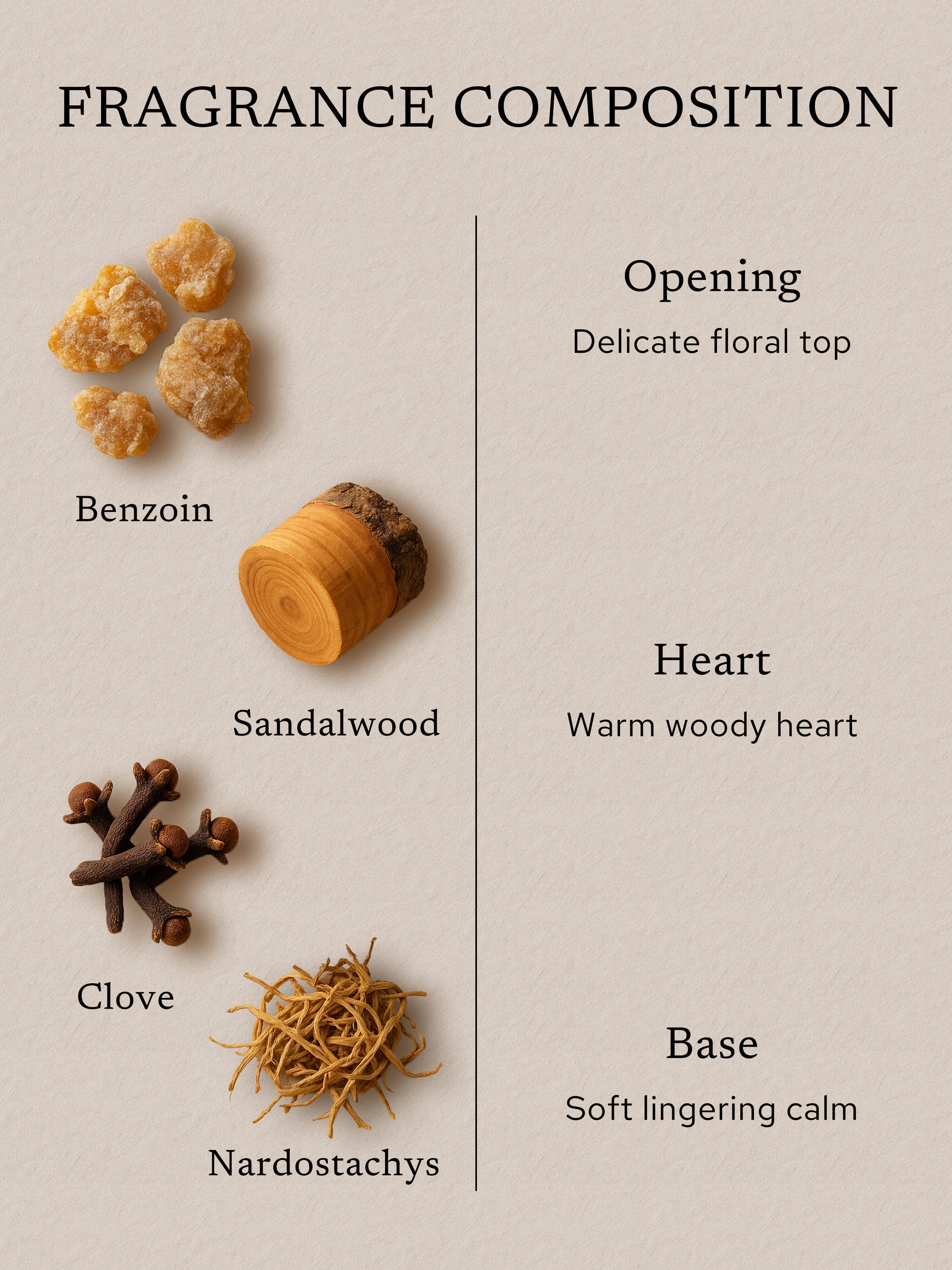 Fragrance composition of traditional Chinese incense featuring galangal, angelica root, angelica dahurica, patchouli, and sandalwood, illustrating the opening, heart, and base scent journey.