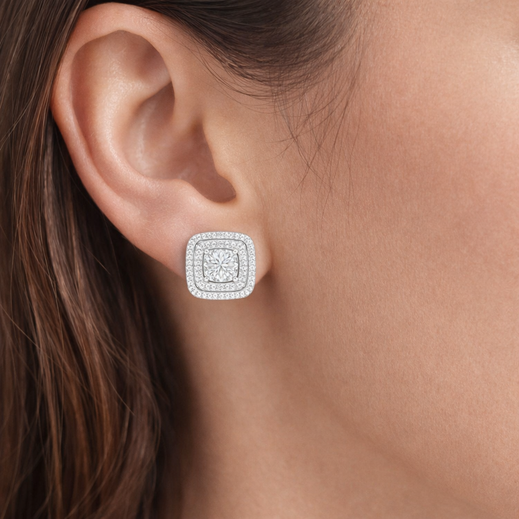 Square halo diamond stud earrings worn on ear, 14K white gold lab-grown diamonds, everyday fine jewelry