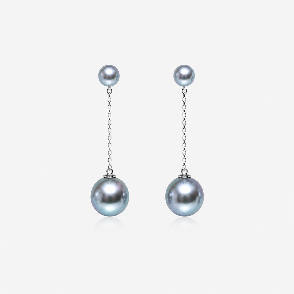 Silver-blue Akoya cultured pearl drop earrings with S925 sterling silver chains, sold as a pair
