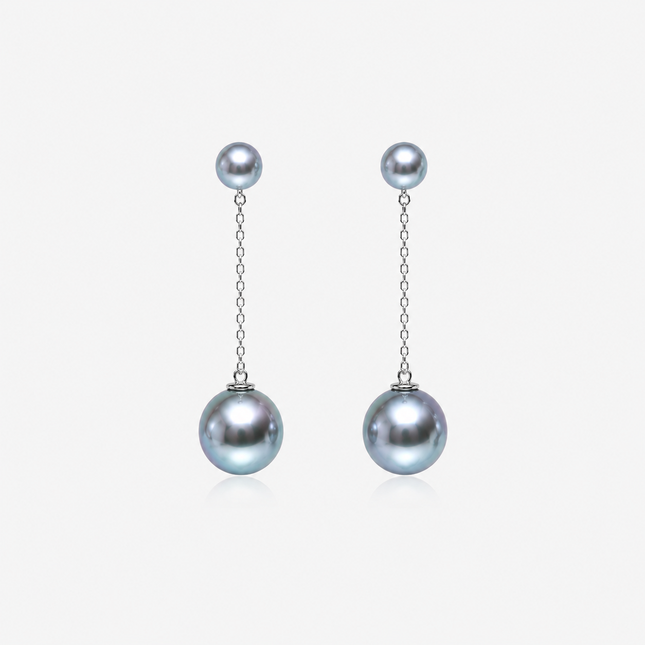 Silver-blue Akoya cultured pearl drop earrings with S925 sterling silver chains, sold as a pair