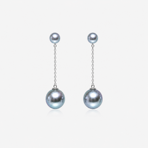 Silver-blue Akoya cultured pearl drop earrings with S925 sterling silver chains, sold as a pair