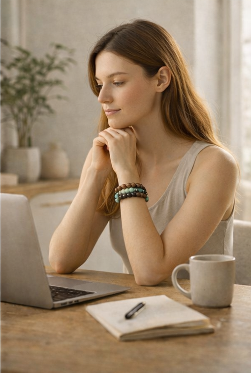 Woman wearing a double-loop incense bead bracelet while working at a desk in a calm, natural home setting