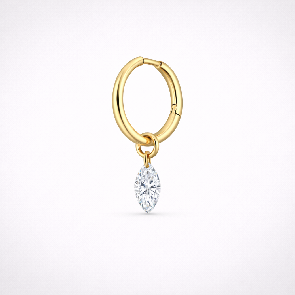 Lab grown floating diamond earring in 14K yellow gold, marquise-cut diamond on a gold hoop.