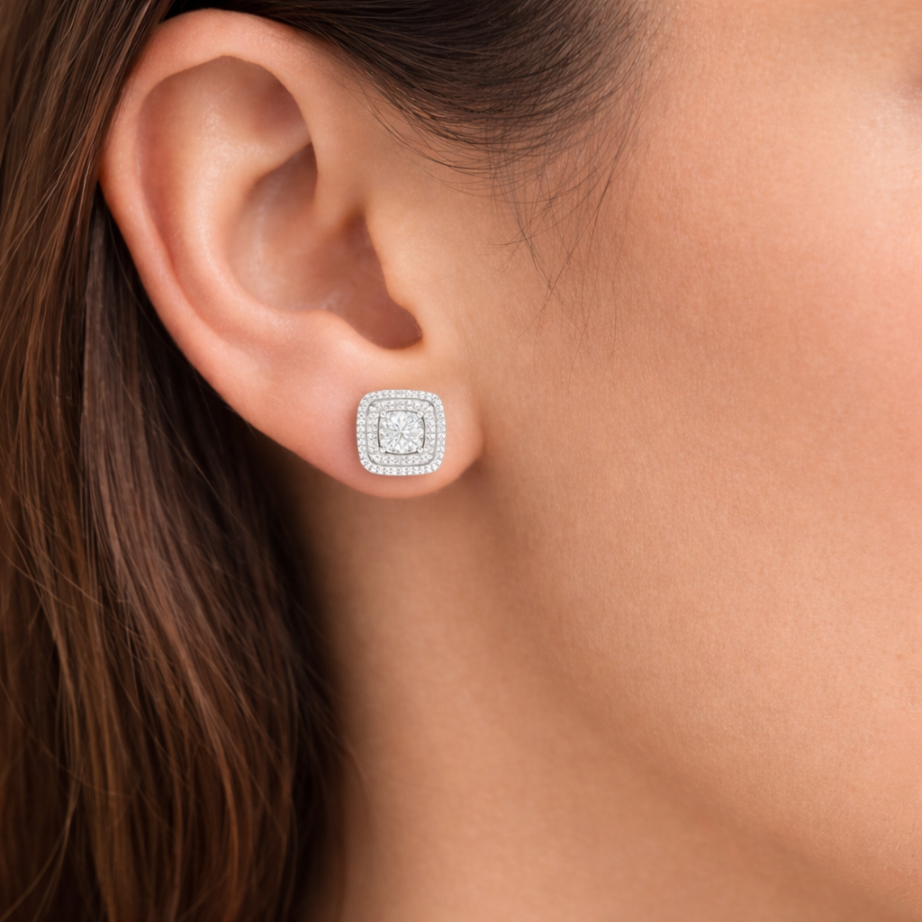 Square halo diamond stud earrings worn on ear, 14K white gold lab-grown diamonds, everyday fine jewelry