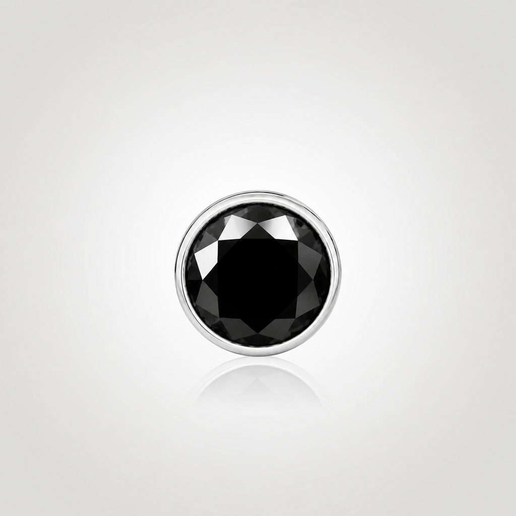 Front view of a bezel-set black diamond stud earring for men