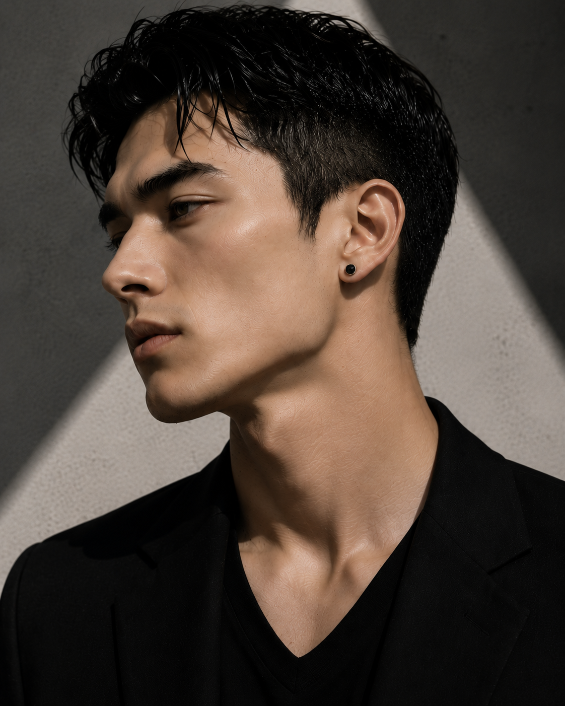 Male model wearing a single natural black diamond four-prong stud earring