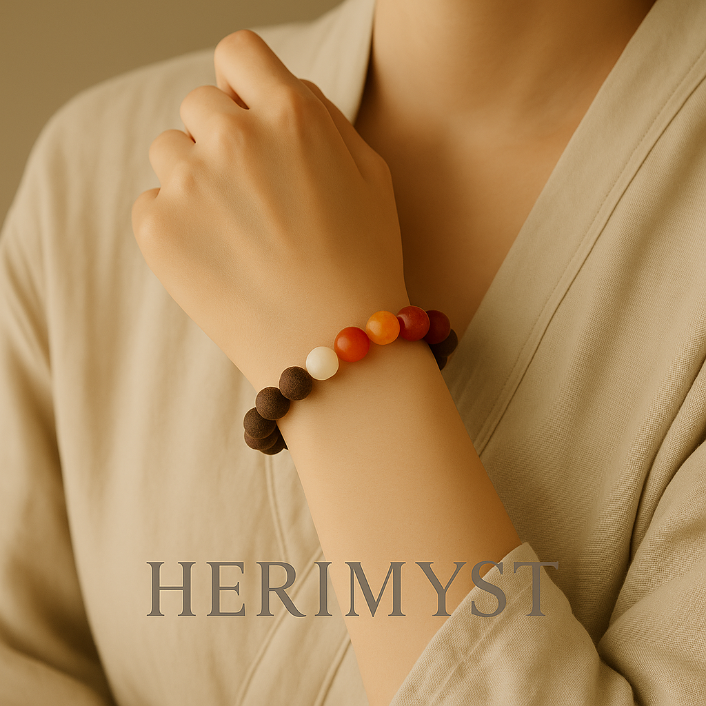 A close-up of a woman’s wrist wearing the Herimyst incense bead bracelet, featuring warm brown and orange beads symbolizing focus and vitality. Minimal natural lighting and a calm beige background create a serene, mindful aesthetic.