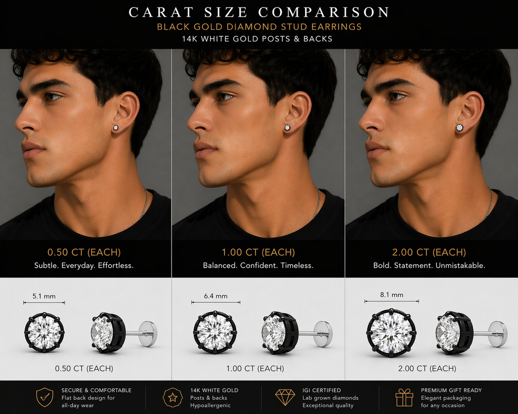  diamond stud earrings size comparison 0.5 ，1， 2 carat on ear, black gold lab grown diamond studs