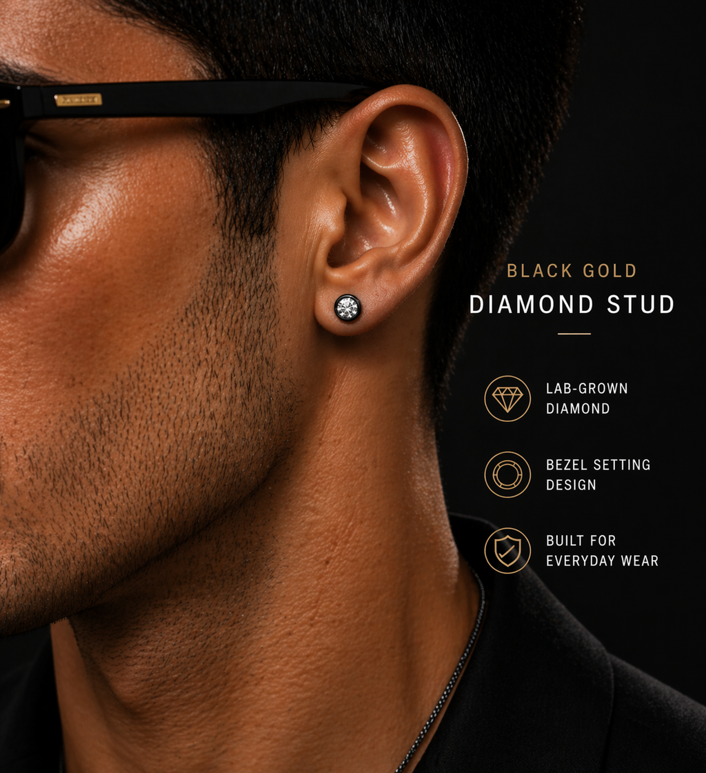 black gold diamond stud earrings for men bezel setting lab grown diamond minimalist design