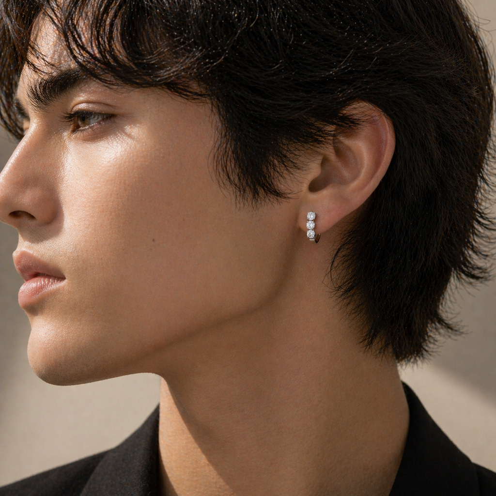 Three-stone diamond huggie earring for men, vertical set lab-grown diamonds, 14K gold single earring, natural sparkle close-up