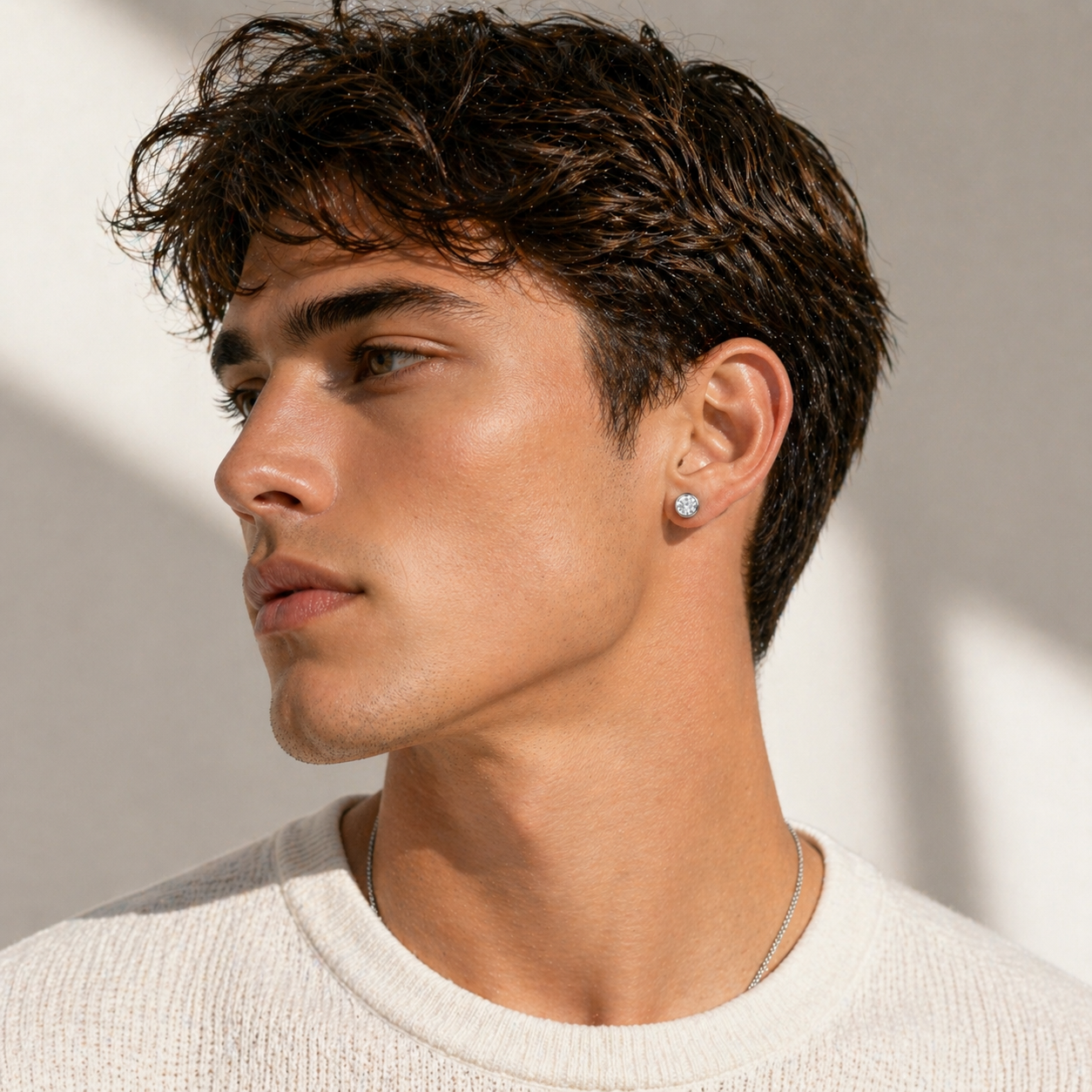 White Gold Diamond Stud Earring on Male Model, Minimalist Everyday Jewelry with Subtle Brilliance
