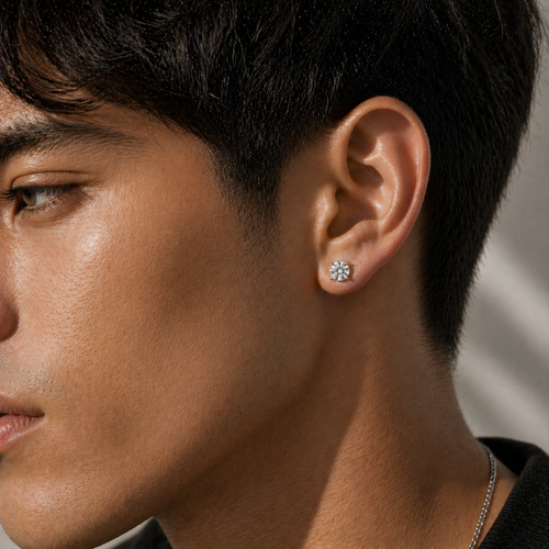 Four prong round brilliant diamond stud earring for men in 14K white gold with natural centered brilliance