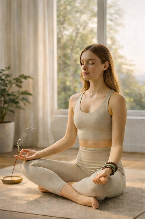 Woman wearing a double-loop incense bead bracelet while meditating at home in a calm, natural setting